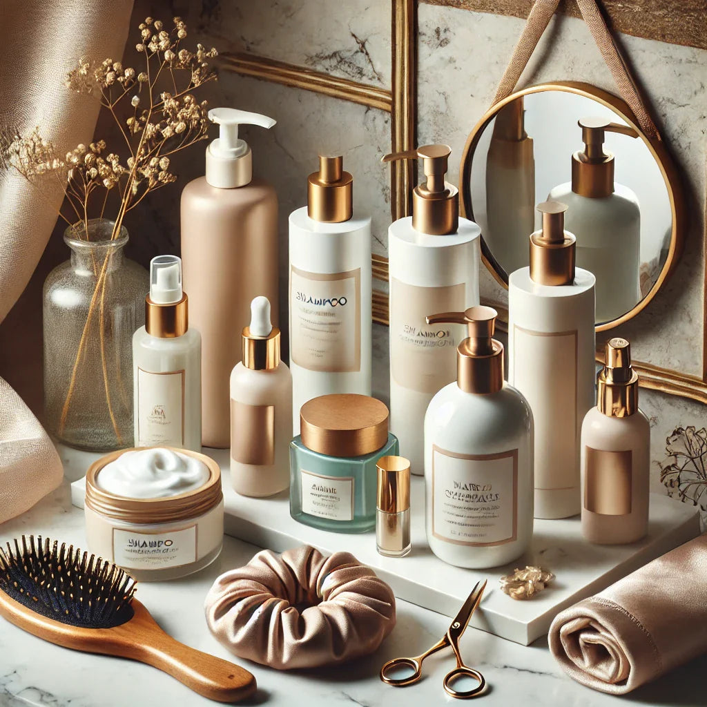 Decorative image of hair care products on a table, abstract design.