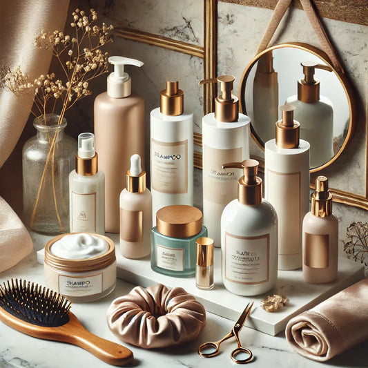 Decorative image of hair care products on a table, abstract design.